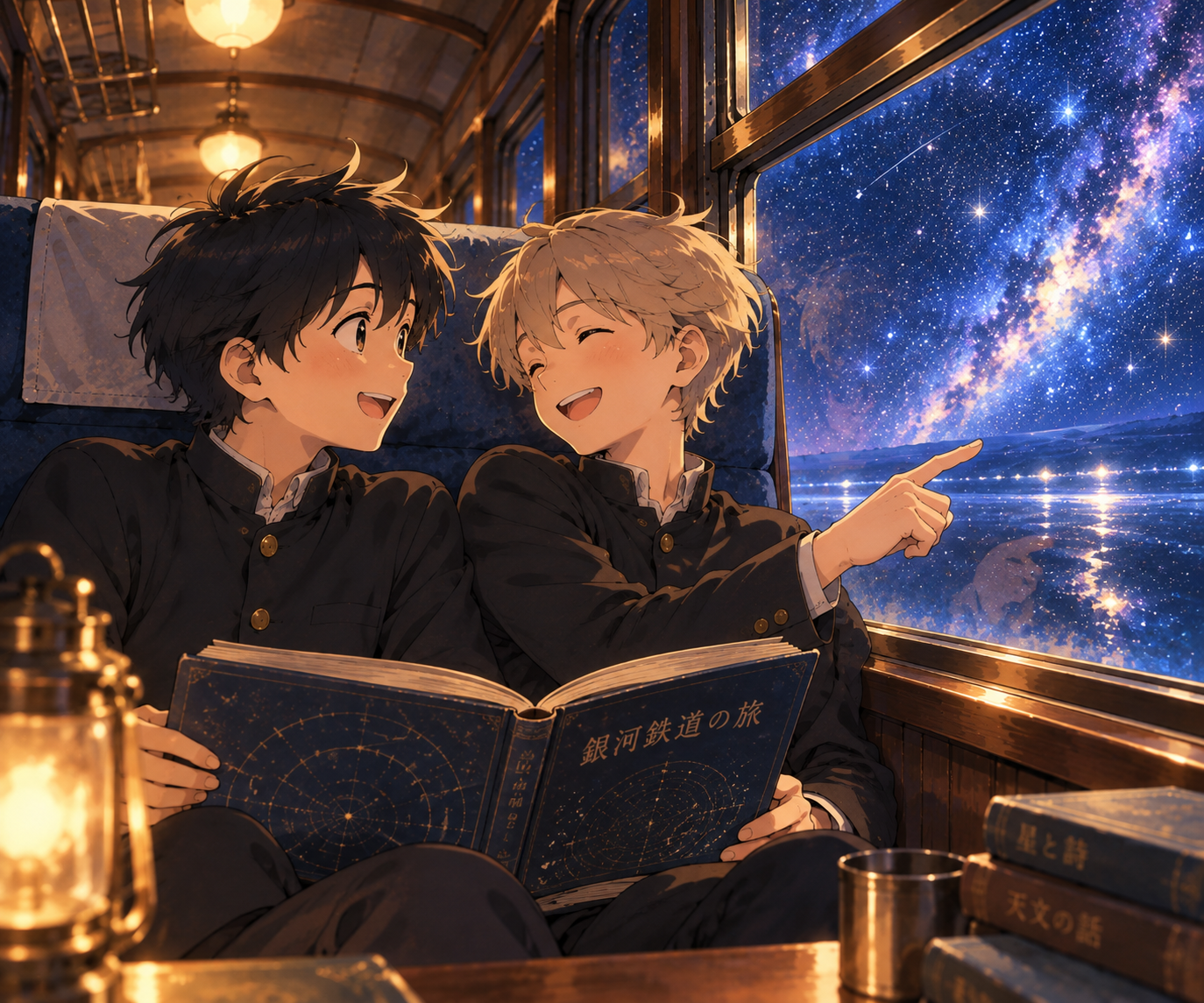 銀河鉄道の車内で、ジョバンニとカムパネルラをイメージした二人の少年が隣り合って座り、星空の広がる窓辺で静かに時間を共有している幻想的なイラスト。